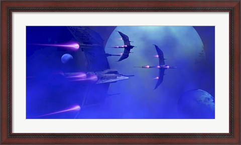 Framed Starships blast past a blue planet and its moons Print