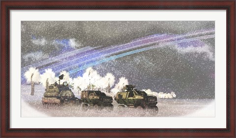 Framed military convoy in a sever winter storm on an alien planet Print
