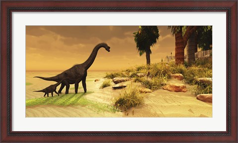 Framed mother Brachiosaurus Dinosaur and her offspring Print