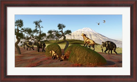 Framed family of Saber Toothed Tigers watch a herd of Woolly Mammoths Print