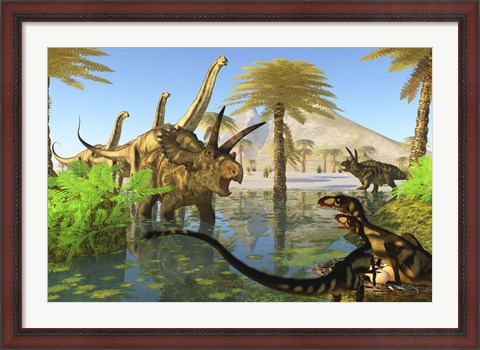Framed Two Dilong dinosaurs guard their nest from a Coahuilaceratops Print