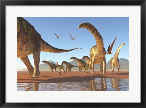 Framed Two Deinocheirus move along with a herd of Argentinosaurus Print