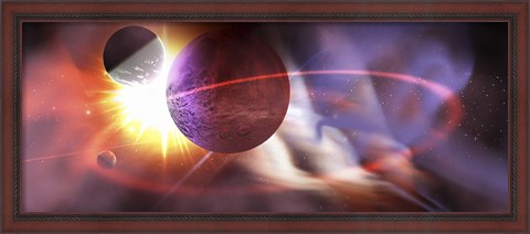 Framed Solar flares radiate from a huge sun near a planet and its orbiting moons Print