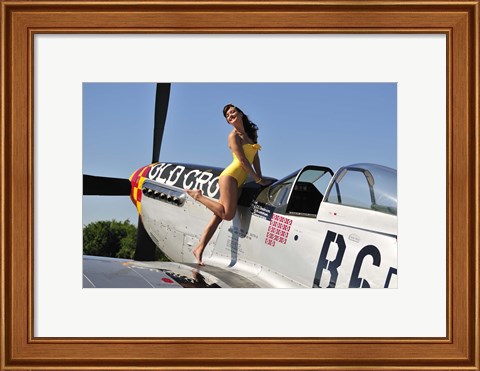 Framed Beautiful 1940&#39;s style pin-up girl posing with a P-51 Mustang Print