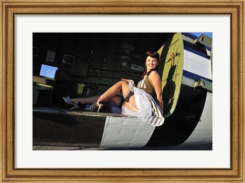 Framed Sexy 1940&#39;s style pin-up girl sitting inside of a C-47 Skytrain aircraft Print