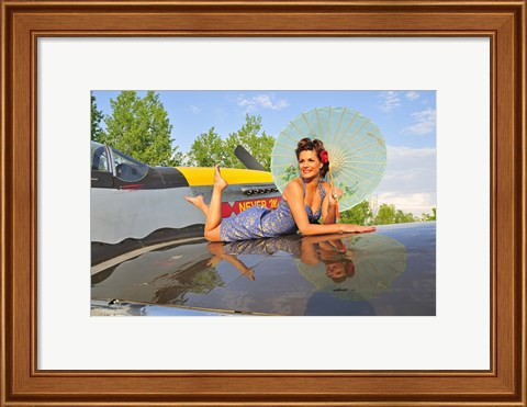 Framed 1940&#39;s style pin-up girl with parasol on a vintage P-51 Mustang Print