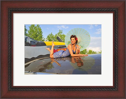 Framed 1940&#39;s style pin-up girl with parasol on a vintage P-51 Mustang Print