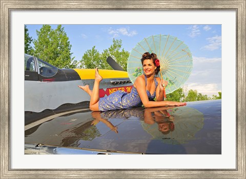 Framed 1940&#39;s style pin-up girl with parasol on a vintage P-51 Mustang Print