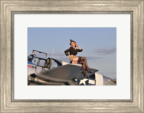 Framed Pin-up girl sitting on the wing of a P-51 Mustang Print