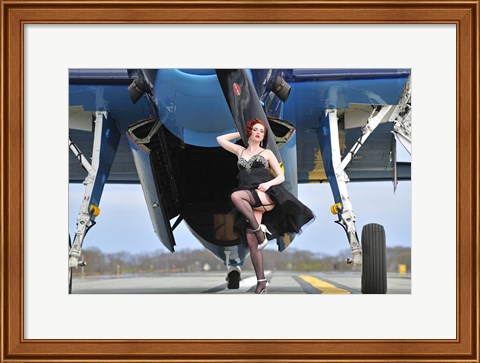 Framed 1940&#39;s style pin-up girl in cocktail dress posing in front of a TBM Avenger Print