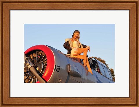 Framed 1940&#39;s style aviator pin-up girl posing with a vintage T-6 Texan aircraft Print