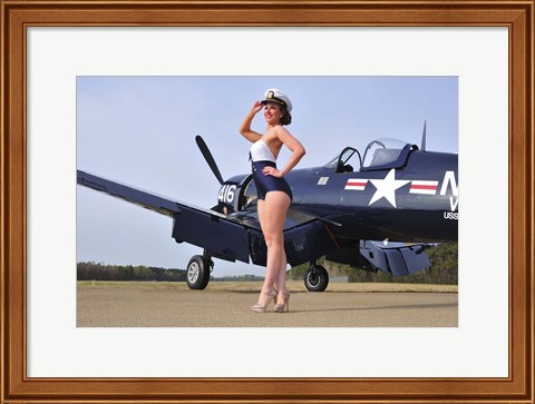 Framed 1940&#39;s Navy pin-up girl posing with a vintage Corsair aircraft Print