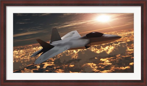 Framed F-22 fighter jet flies at an altitude above the cloud layer on its mission Print