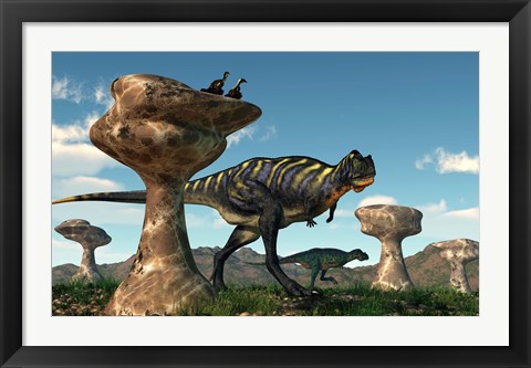 Framed pair of Aucasaurus dinosaurs walk amongst a forest of stone sculptures Print