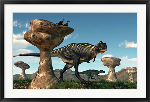 Framed pair of Aucasaurus dinosaurs walk amongst a forest of stone sculptures Print