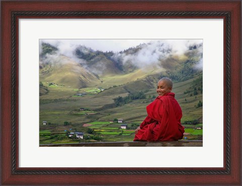 Framed Monk and Farmlands in the Phobjikha Valley, Gangtey Village, Bhutan Print