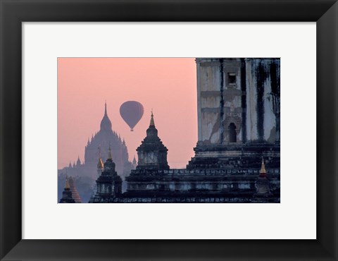 Framed Hot Air balloon over the temple complex of Pagan at dawn, Burma Print