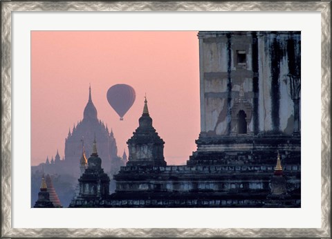 Framed Hot Air balloon over the temple complex of Pagan at dawn, Burma Print