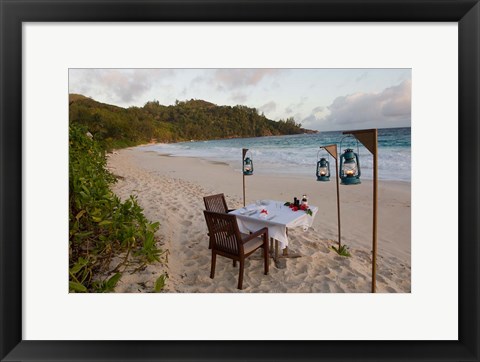 Framed Private dinner on the beach at Banyan Tree Resort, Mahe Island, Seychelles Print