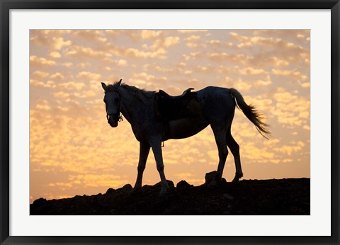 Framed Sunrise and Silhouette of Horse and rider on the Giza Plateau, Cairo, Egypt Print