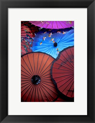 Framed Souvenir parasols for sale at a market, Rangoon, Burma Print