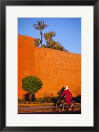 Framed Veiled Woman Bicycling Below Red City Walls, Marrakech, Morocco Print