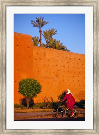 Framed Veiled Woman Bicycling Below Red City Walls, Marrakech, Morocco Print
