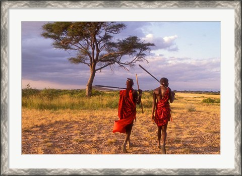 Framed Two Maasai Morans Walking with Spears at Sunset, Amboseli National Park, Kenya Print