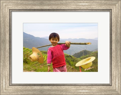 Framed Young Girl Carrying Shoulder Pole with Straw Hats, China Print