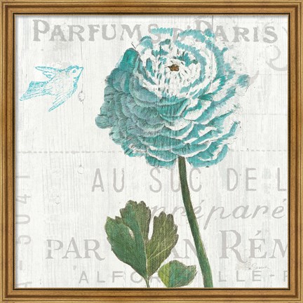 Framed Floral Messages on Wood II Blue Print