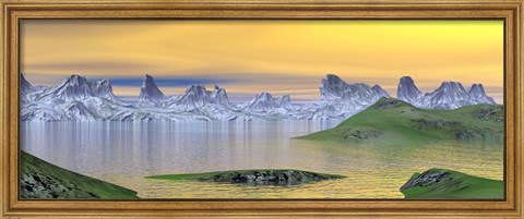 Framed Beautiful sunset over landscape with green grass and rocky mountains Print