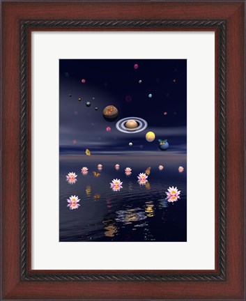 Framed Planets of the solar system surrounded by lotus flowers and butterflies Print