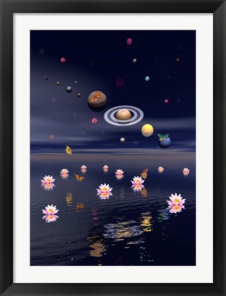 Framed Planets of the solar system surrounded by lotus flowers and butterflies Print