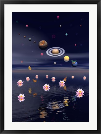 Framed Planets of the solar system surrounded by lotus flowers and butterflies Print