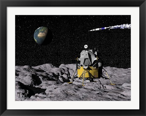 Framed Apollo on surface of moon, with Saturn V rocket in the background Print