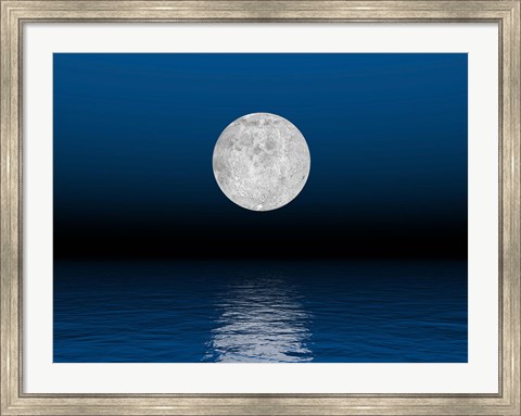 Framed Beautiful full moon against a deep blue sky over the ocean Print