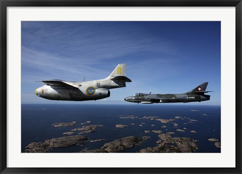 Framed Saab J 29 and Hawker Hunter vintage jet fighters of the Swedish Air Force Historic Flight Print