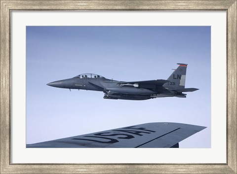 Framed US Air Force F-15E Strike Eagle over the wing of a KC-135 Stratotanker Print