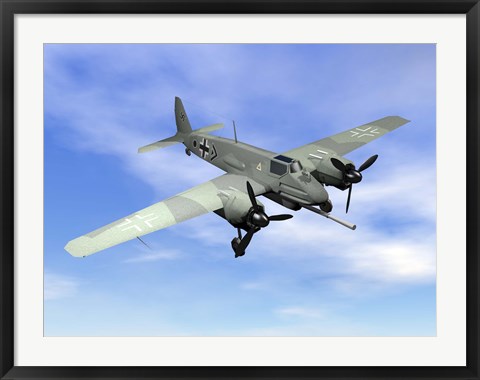 Framed World War II era German aircraft with swastika flying in the sky Print