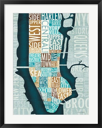 Framed Manhattan Map Blue Brown Print