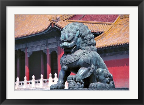 Framed China, Beijing, Lion statue guards Forbidden City Print