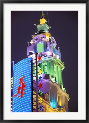 Framed Lit Building and Neon Sign Along Nanjing Dong Lu Pedestrian Street, Shanghai, China Print