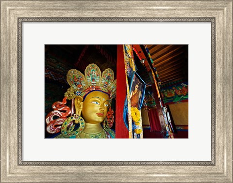 Framed Dalai Lama Picture Beside Maitreya Buddha, Thiksey Monastery, Thiksey, Ladakh, India Print