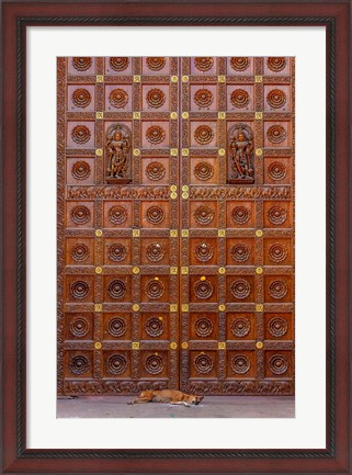 Framed Dog and Door at Temple in Sai Baba ashram, India Print