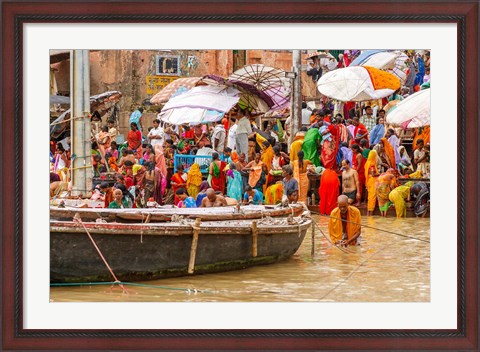 Framed Worshipping Pilgrims on Ganges River, Varanasi, India Print