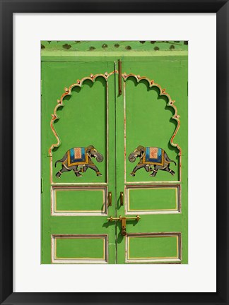 Framed Elephants painted on green door, City Palace, Udaipur, India Print