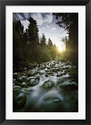 Framed Small river flowing over large stones at sunset, Pirin National Park, Bulgaria Print