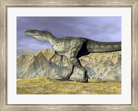 Framed Monolophosaurus dinosaur walking on rocky terrain near mountain Print