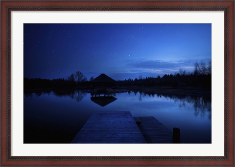 Framed small pier in a lake against starry sky, Moscow region, Russia Print