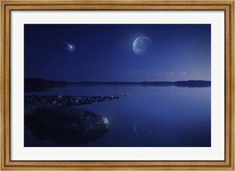 Framed Starry sky, moon and falling meteorite over a lake, Finland Print
